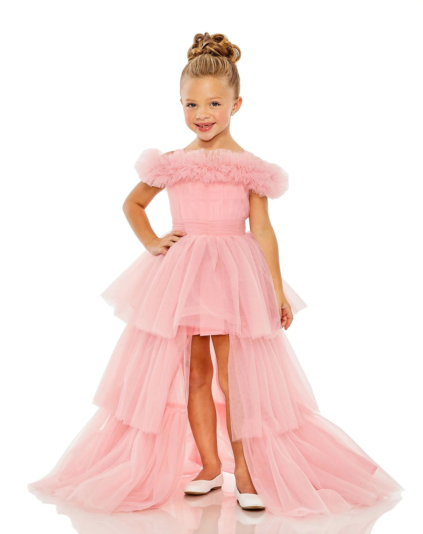 Mac Duggal Girls Off the Shoulder High Low Tulle Wedding Guest Dress In Pink, Size 10 Mac Duggal Girls Off the Shoulder High Low Tulle Wedding Guest Dress In Pink, Size 10