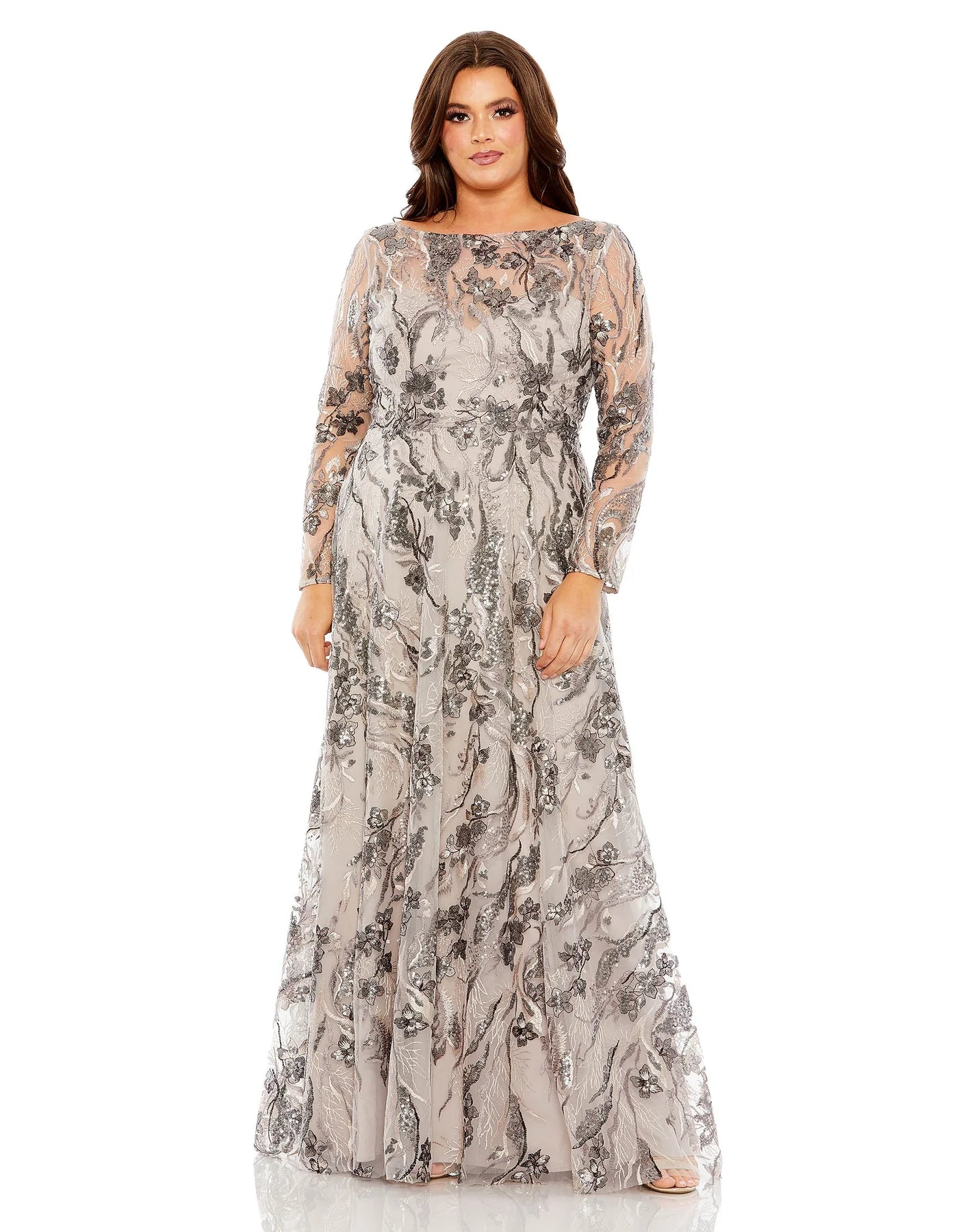 Mac Duggal Embroidered Long Sleeve A-Line Gown - Taupe Mac Duggal Embroidered Long Sleeve A-Line Gown - Taupe