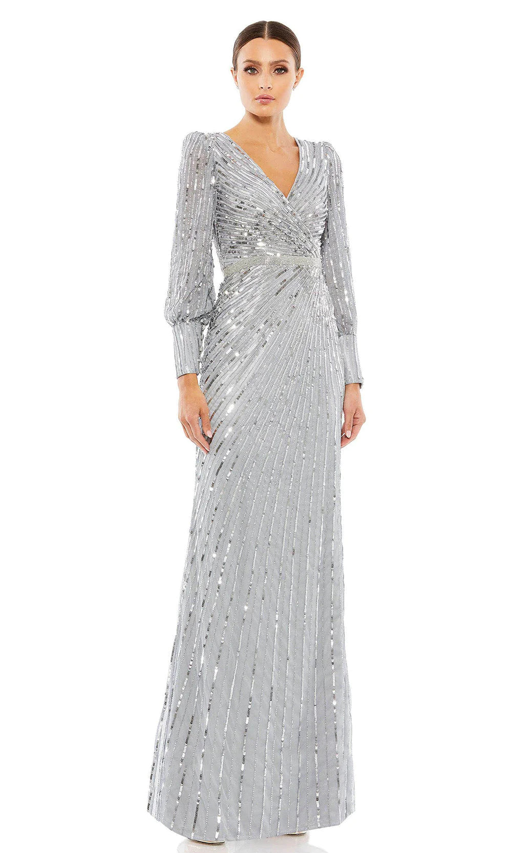 Mac Duggal - Silver Sequined Wrap Over Bishop Sleeve Gown Mac Duggal - Silver Sequined Wrap Over Bishop Sleeve Gown