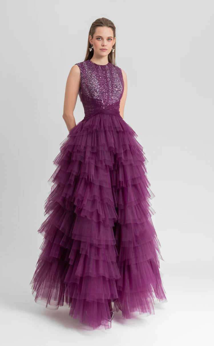 Gemy Maalouf EDW24 1863LD Beaded Draped Evening Gown with Ruffled Tulle Skirt Gemy Maalouf EDW24 1863LD Beaded Draped Evening Gown with Ruffled Tulle Skirt