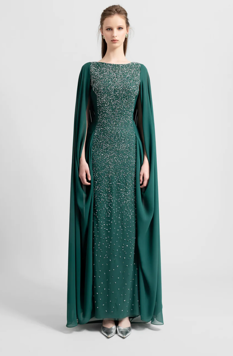 Gemy Maalouf Green Beaded Cape Evening Dress EDPF23 1845LD Dody's Dresses Gemy Maalouf Green Beaded Cape Evening Dress EDPF23 1845LD Dody's Dresses