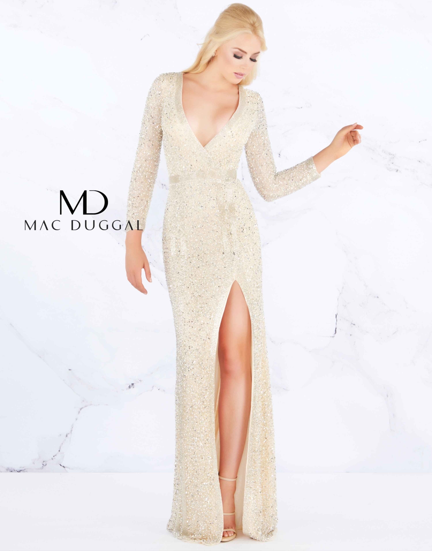 Mac Duggal Long-Sleeve Beaded V-Neck Column Gown, Oyster, Women's, 14 Mac Duggal Long-Sleeve Beaded V-Neck Column Gown, Oyster, Women's, 14