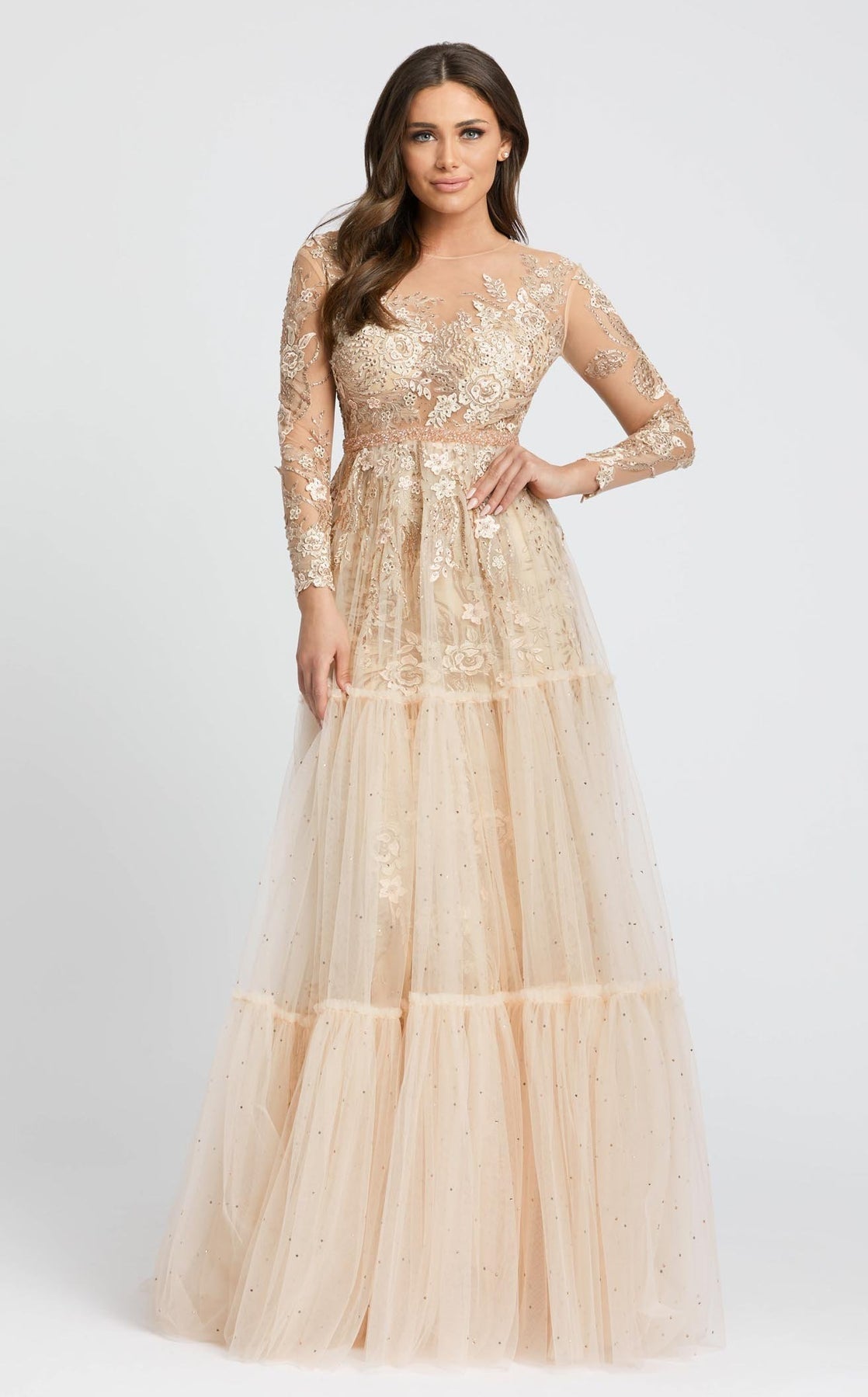 mac duggal champagne dress Ivory Brocade High Neck Long Bishop Sleeve Mini Dress