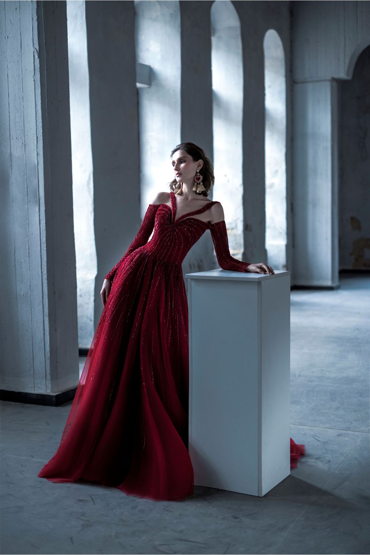 Saiid Kobeisy RTWSS21-46 Burgundy Beaded Tulle Evening Dress Saiid Kobeisy RTWSS21-46 Burgundy Beaded Tulle Evening Dress