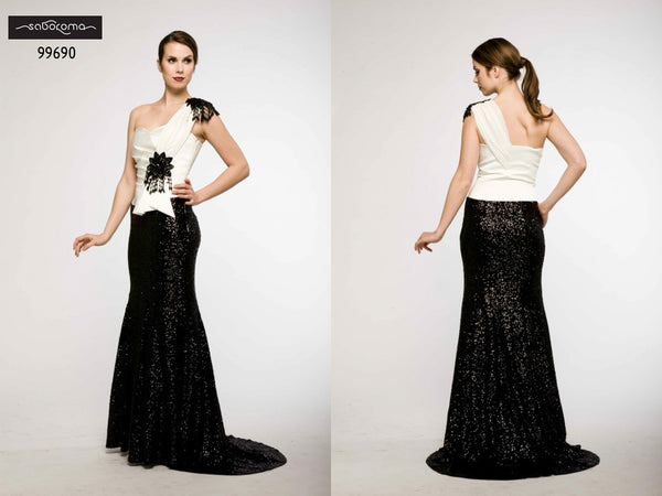 Saboroma 99690 Jazzy Black and White One-Shoulder Sequenced Gown