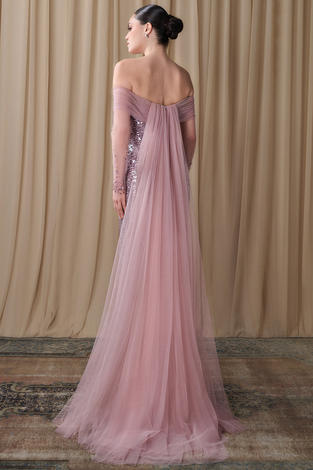Gattinlo by Marwan 
Off-Shoulder Sequined Column Gown with Tulle Cape