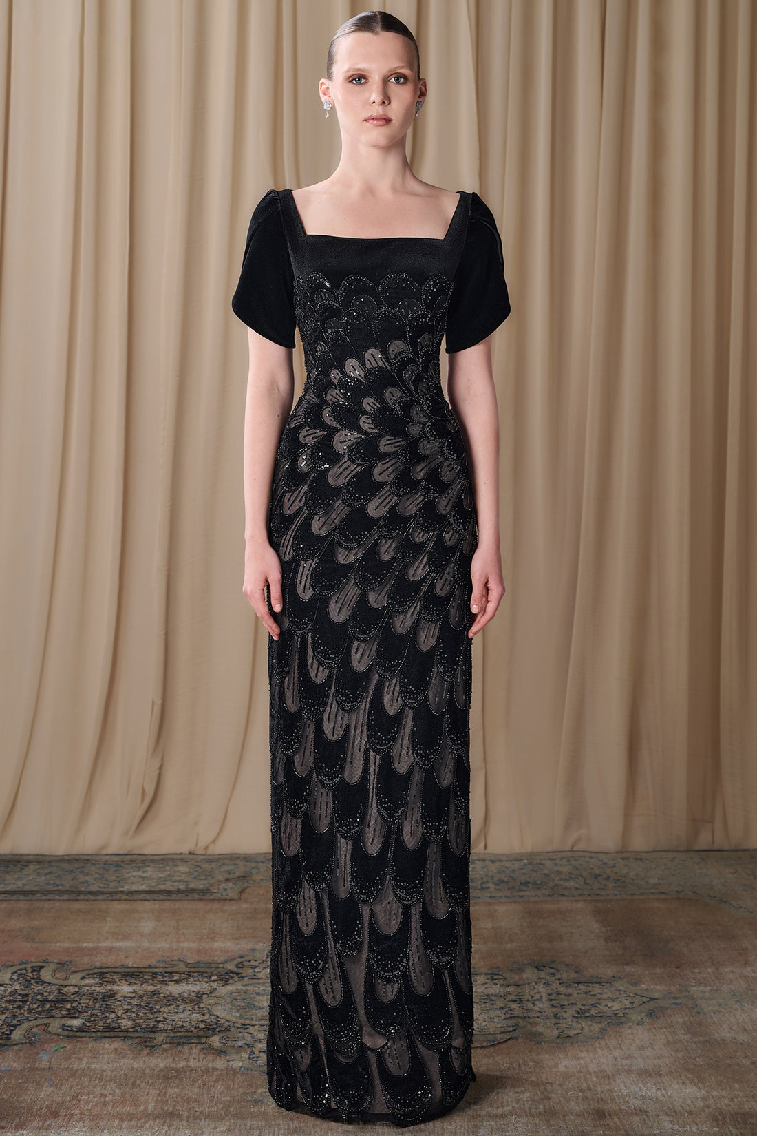 Gattinlo by Marwan Embroidered Tulle Column Gown with Crepe Sleeves
OP-8101