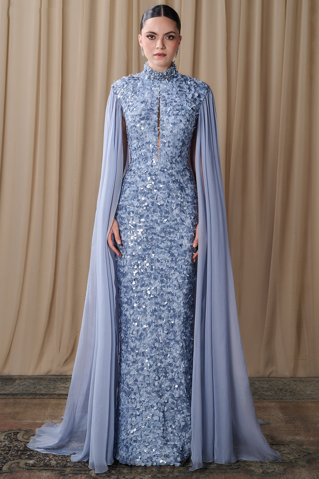 Gattinlo by Marwan Embroidered High Neck Cape Gown
OP-8120