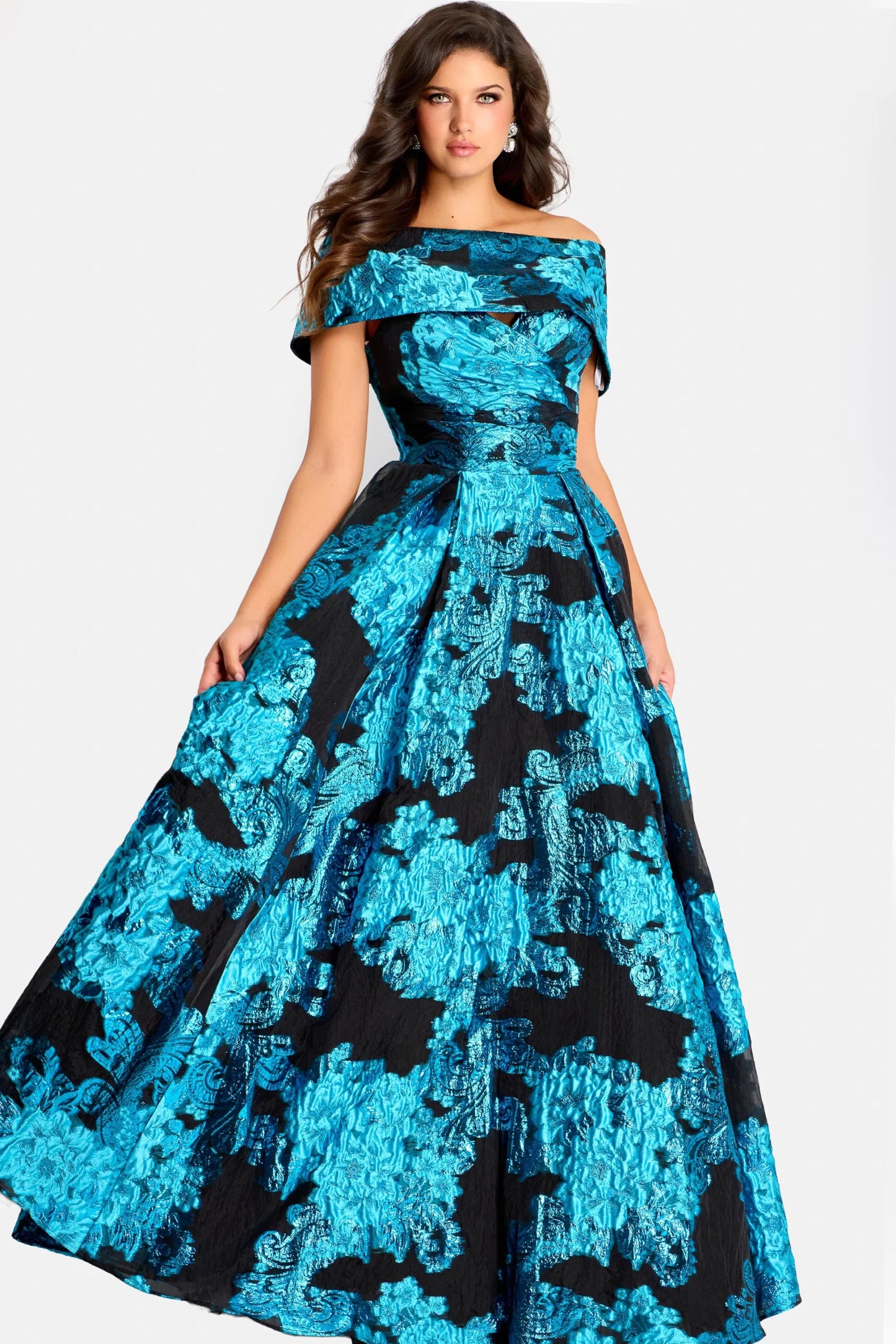 Jovani 4763 Off-Shoulder Metallic Jacquard Peacock/Black Ball Gown