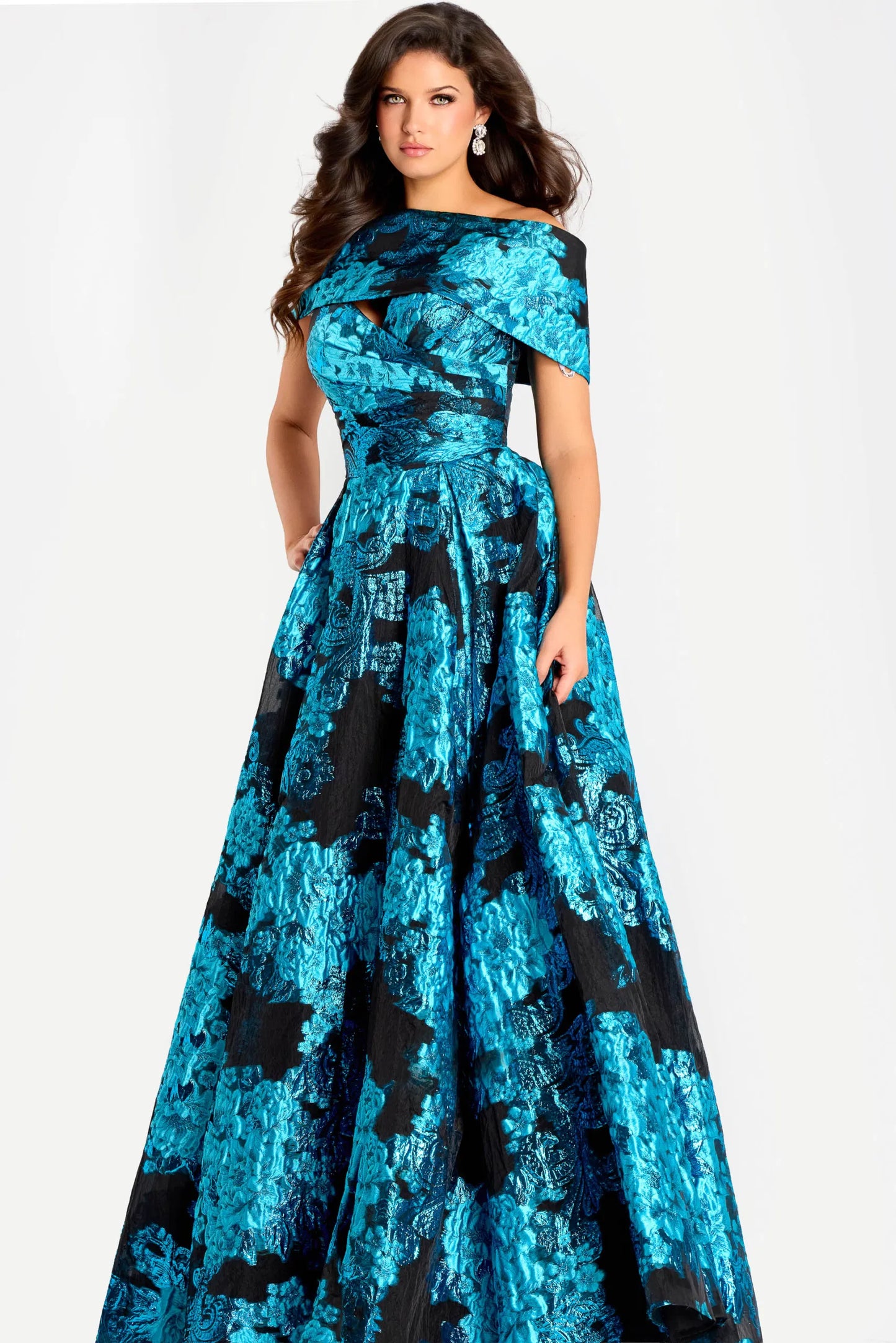 Jovani 4763 Off-Shoulder Metallic Jacquard Peacock/Black Ball Gown