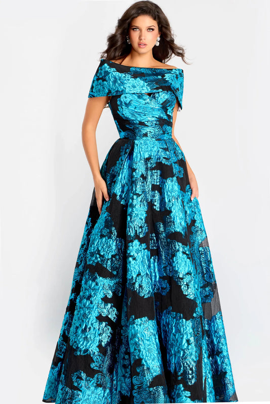 Jovani 4763 Off-Shoulder Metallic Jacquard Peacock/Black Ball Gown