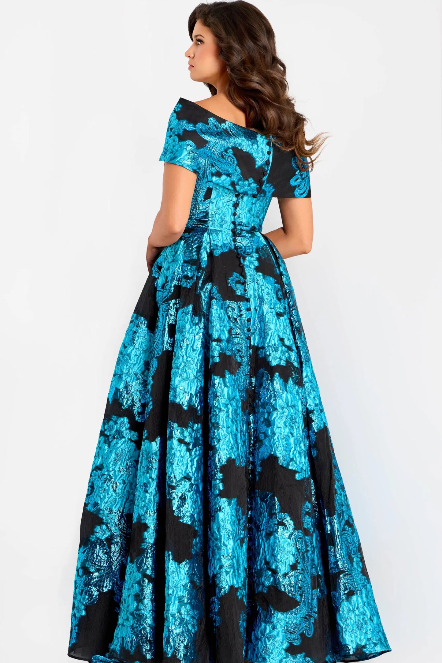 Jovani 4763 Off-Shoulder Metallic Jacquard Peacock/Black Ball Gown