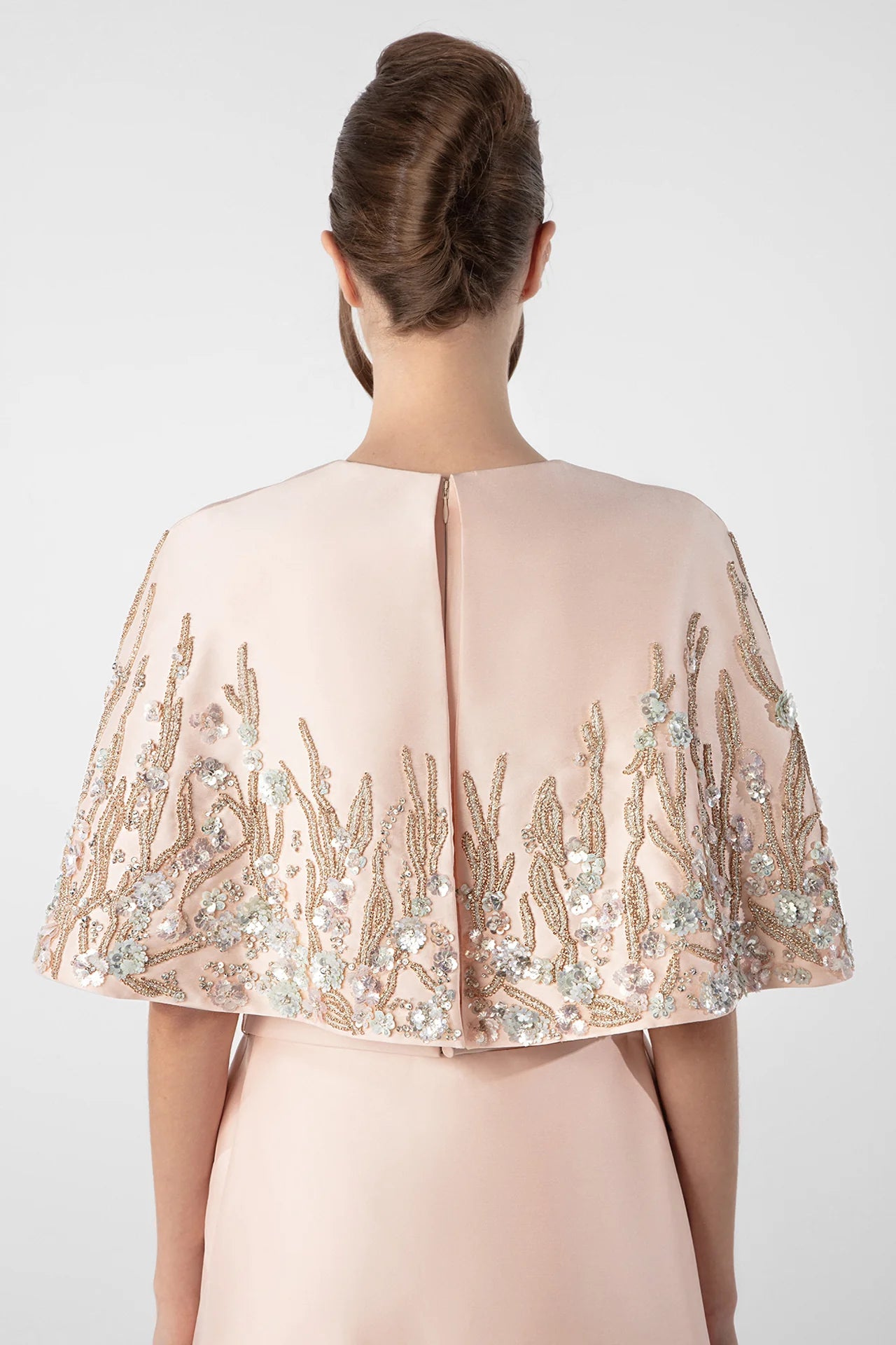 Gattinilo by Marwan GA-764A Plunging Neckline Cady Dress with Embroidered Cape – Pink