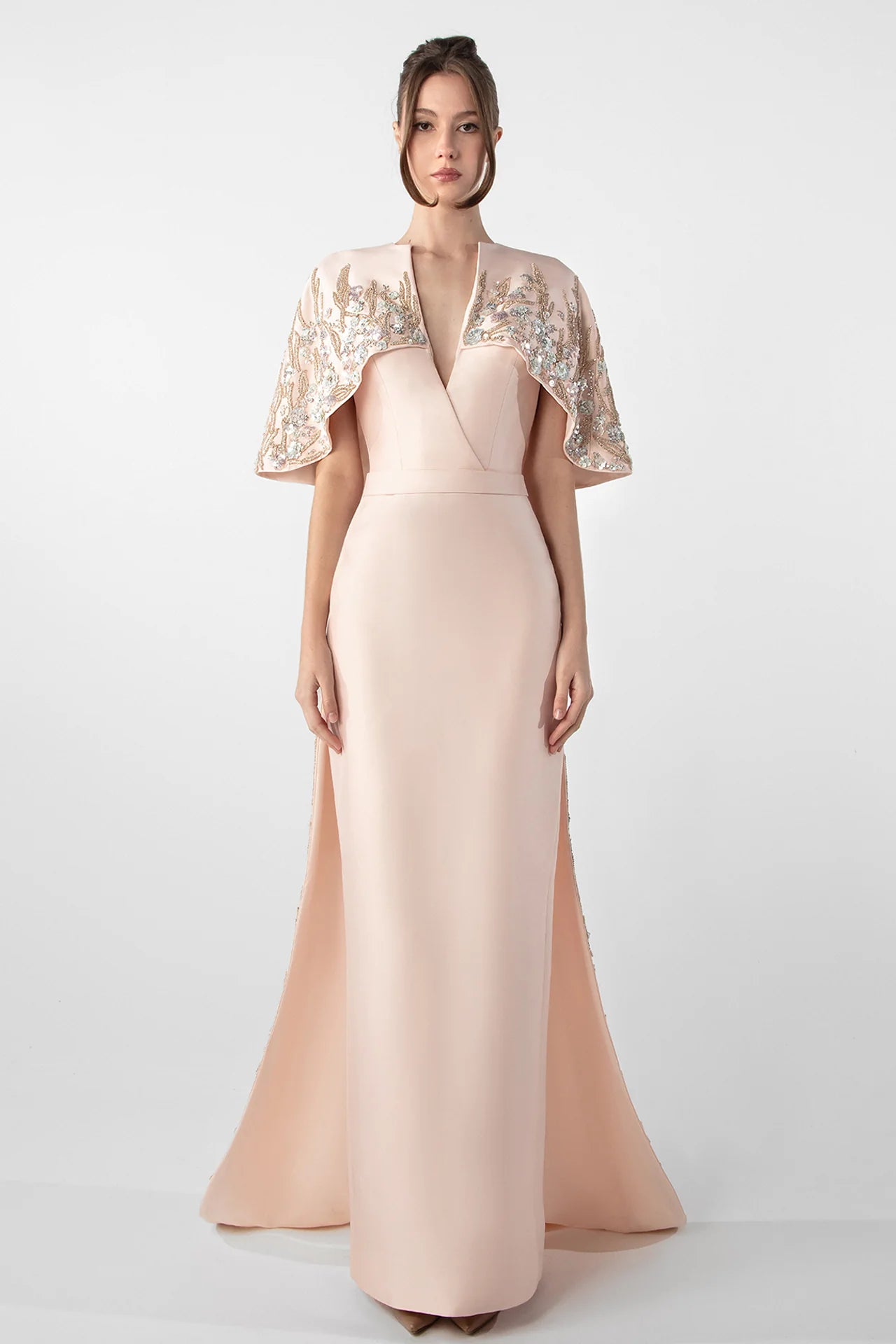 Gattinilo by Marwan GA-764A Plunging Neckline Cady Dress with Embroidered Cape – Pink