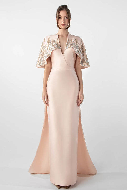 Gattinilo by Marwan GA-764A Plunging Neckline Cady Dress with Embroidered Cape – Pink