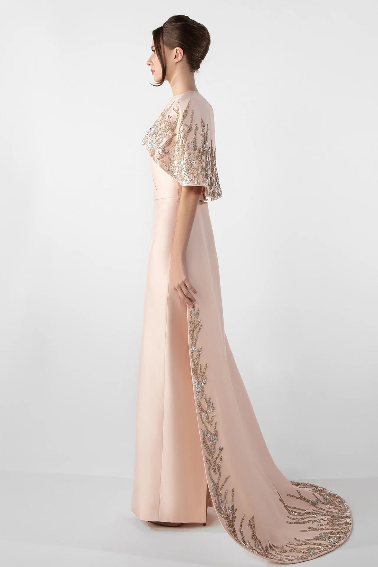 Gattinilo by Marwan GA-764A Plunging Neckline Cady Dress with Embroidered Cape – Pink