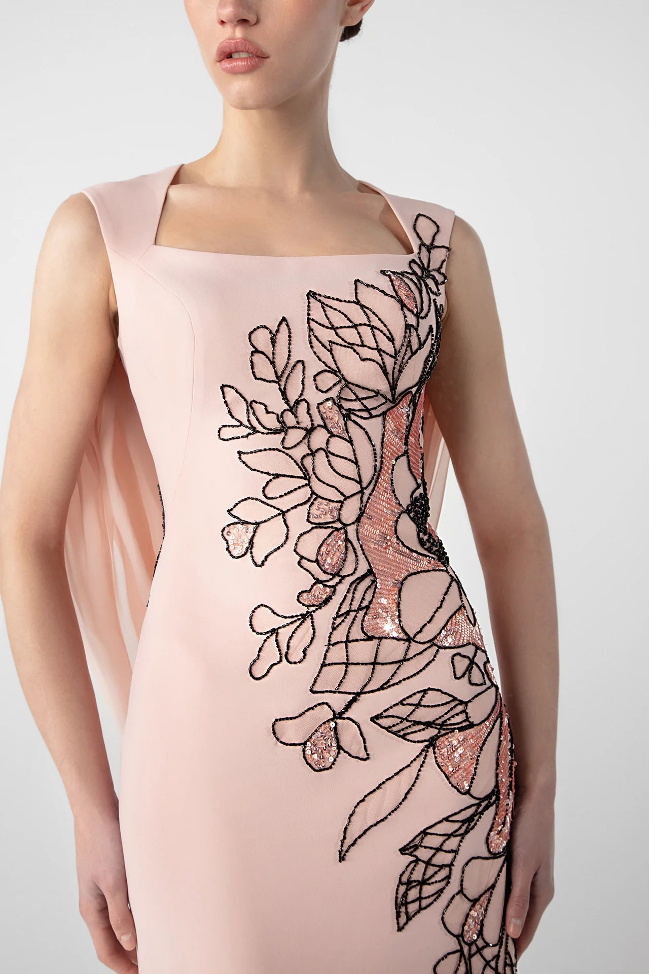 Gattinilo by Marwan GA-7649A Fitted Crepe Dress with Embroidered Chiffon Cape