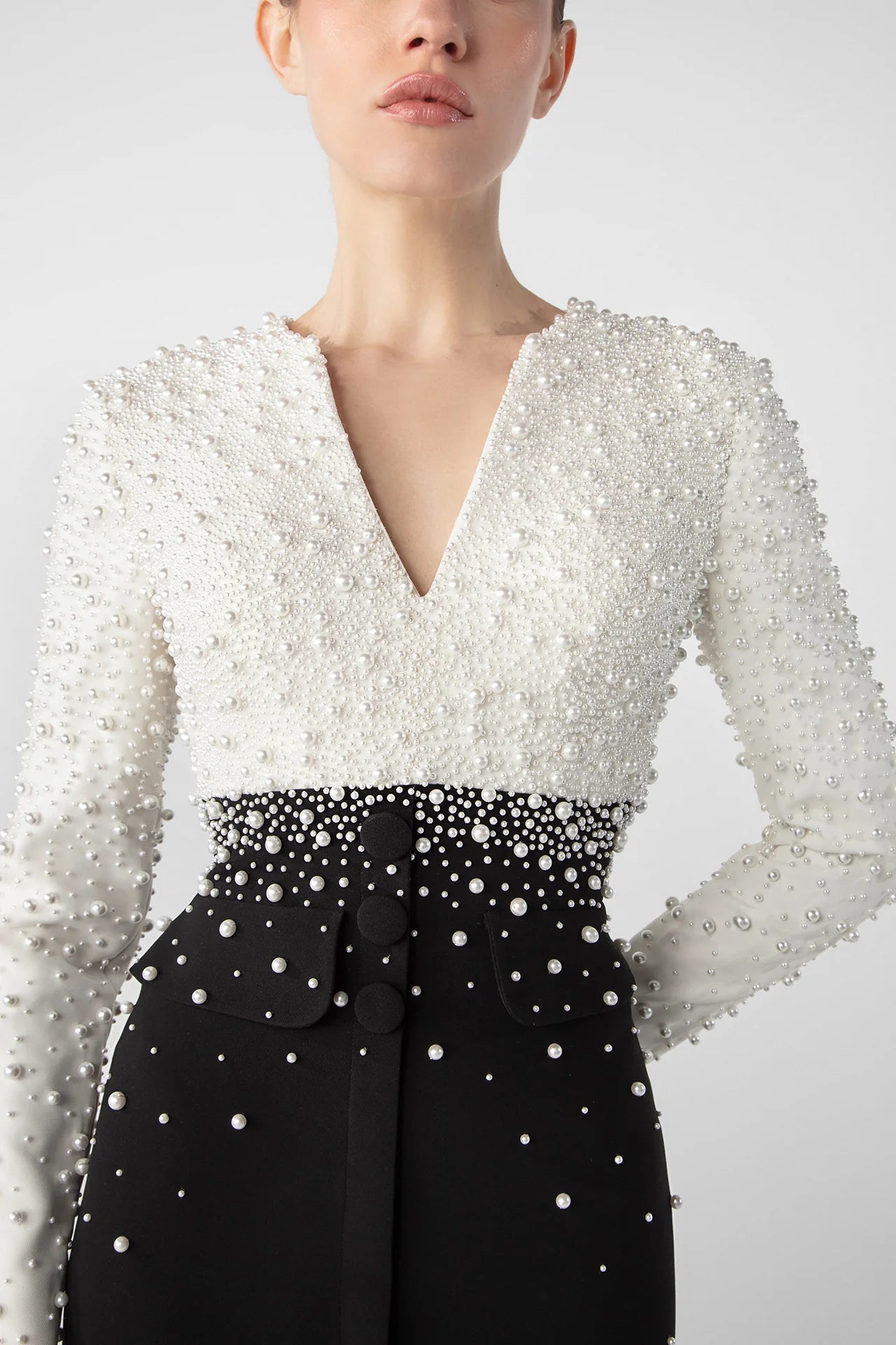 Gattinilo by Marwan GA-766A Pearl-Embroidered Crepe Gown with Side Slit