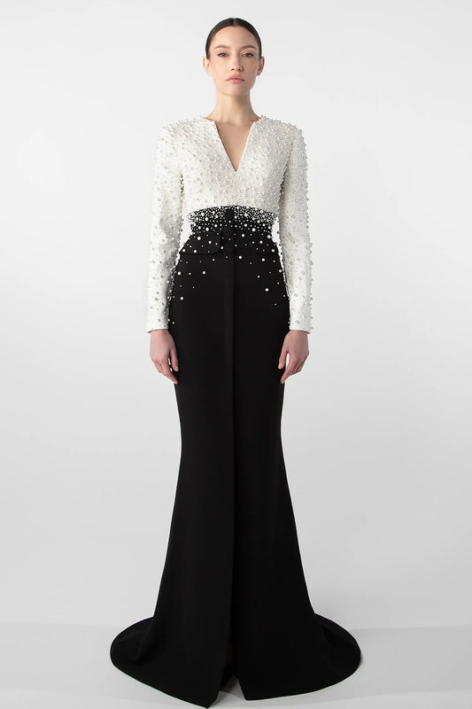 Gattinilo by Marwan GA-766A Pearl-Embroidered Crepe Gown with Side Slit