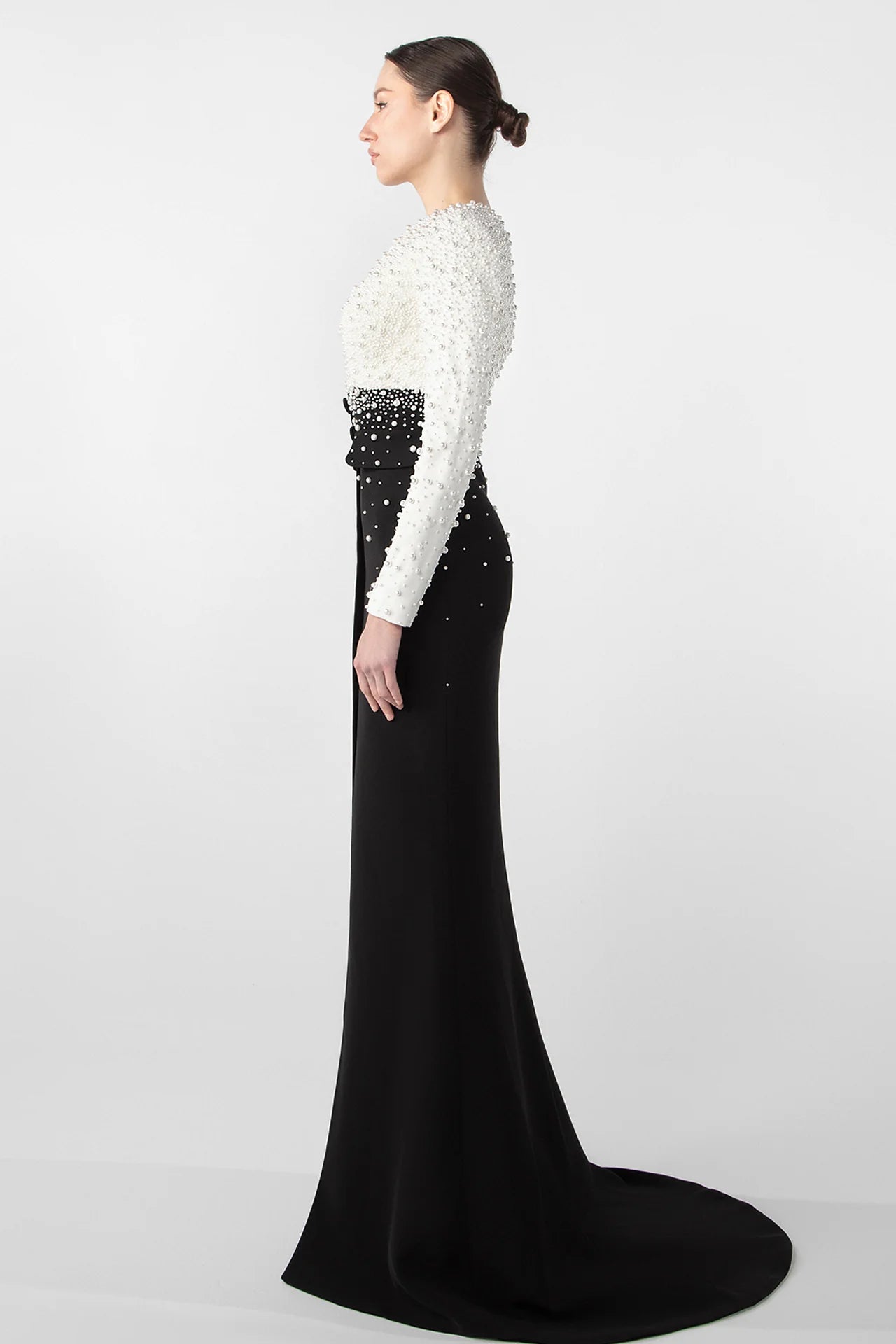 Gattinilo by Marwan GA-766A Pearl-Embroidered Crepe Gown with Side Slit