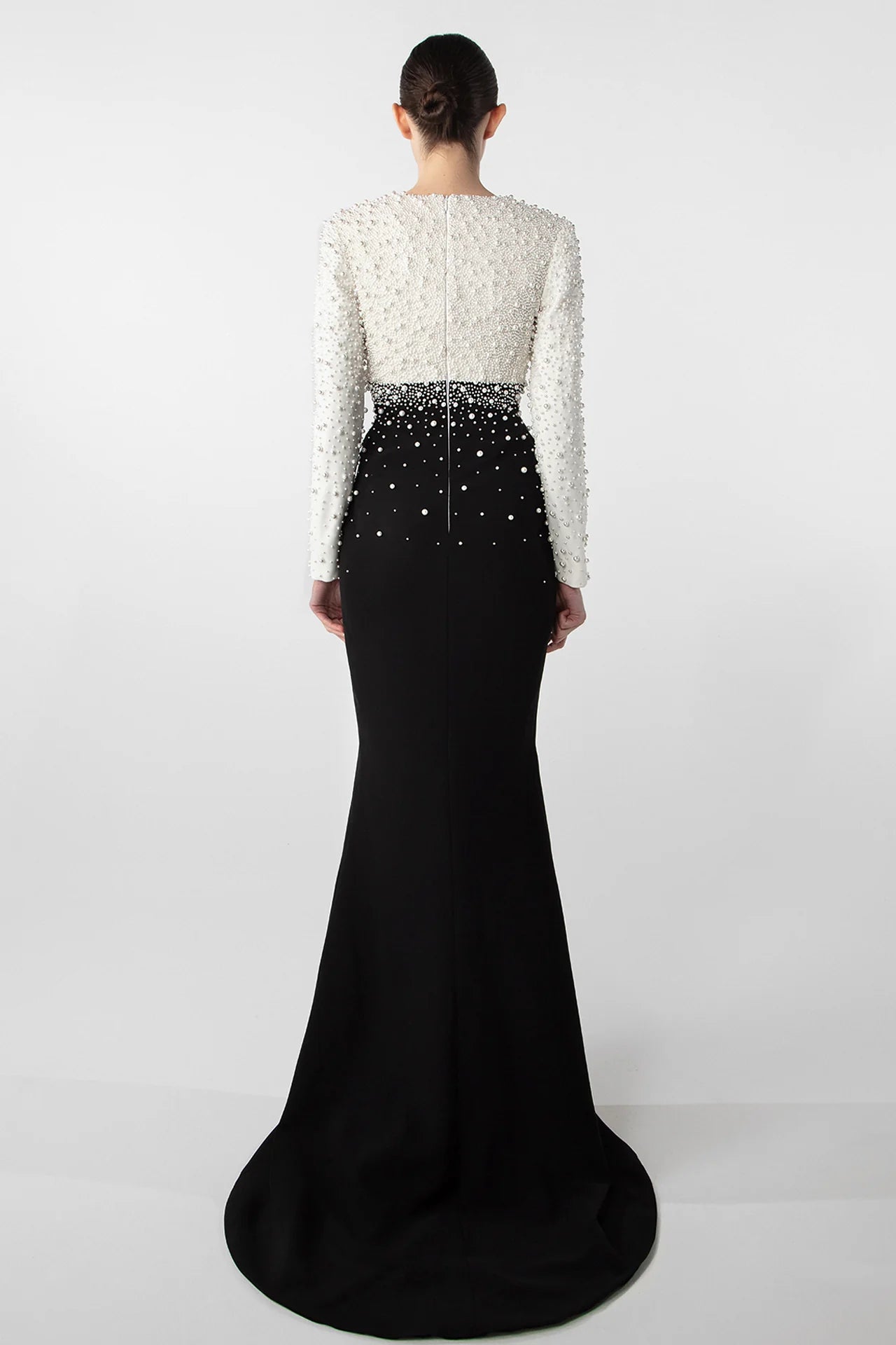 Gattinilo by Marwan GA-766A Pearl-Embroidered Crepe Gown with Side Slit