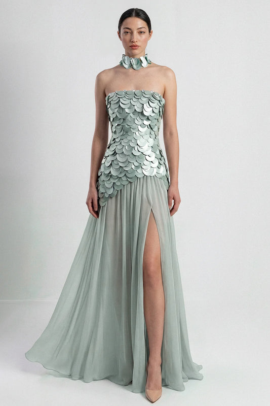 Gatti Noli Halter Column Gown with Sculpted Embellished Bodice GA-7838