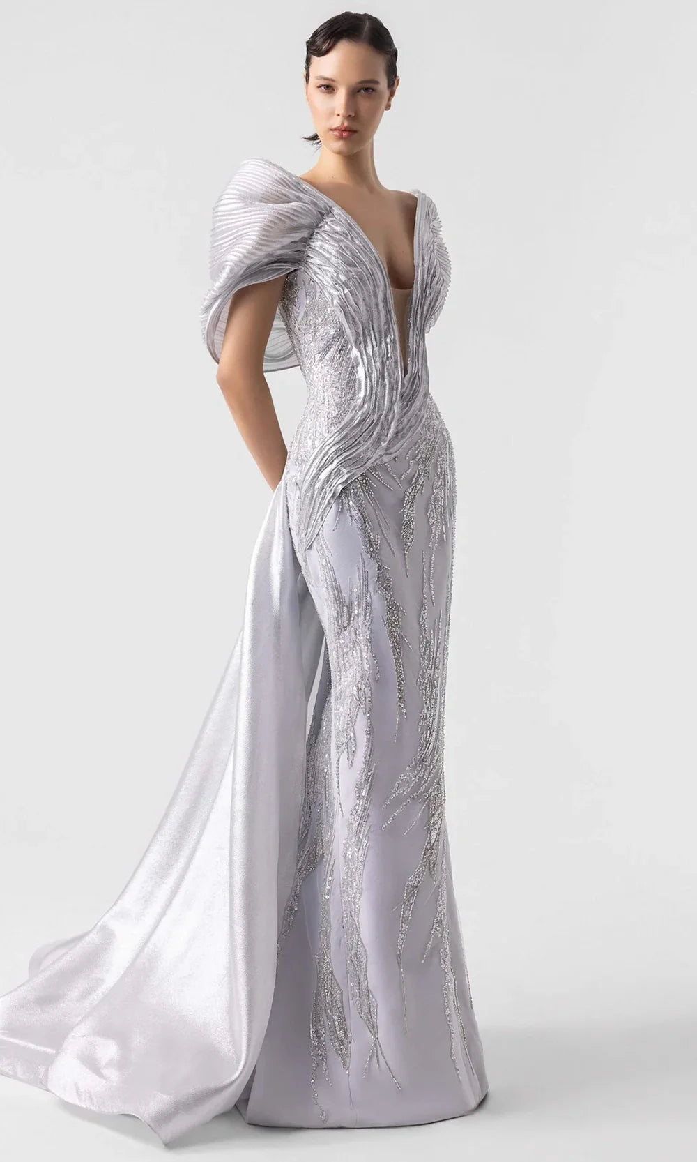 MNM Couture G1939 - Plunging V-Neck Gown with Structured Sleeves