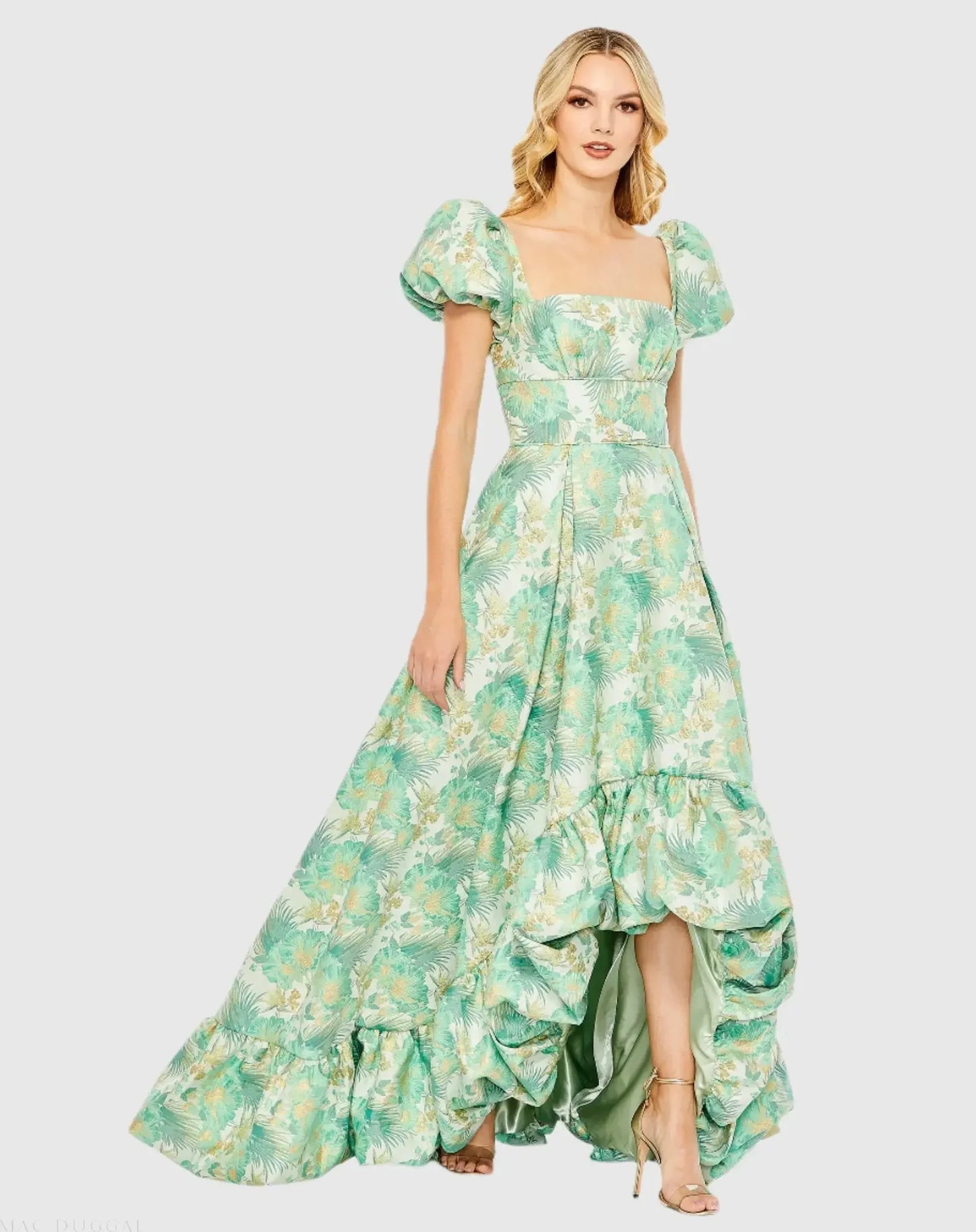 Green Floral Print Puff Sleeve High Low Brocade Gown - Mac Duggal US 8 Green Floral Print Puff Sleeve High Low Brocade Gown - Mac Duggal US 8