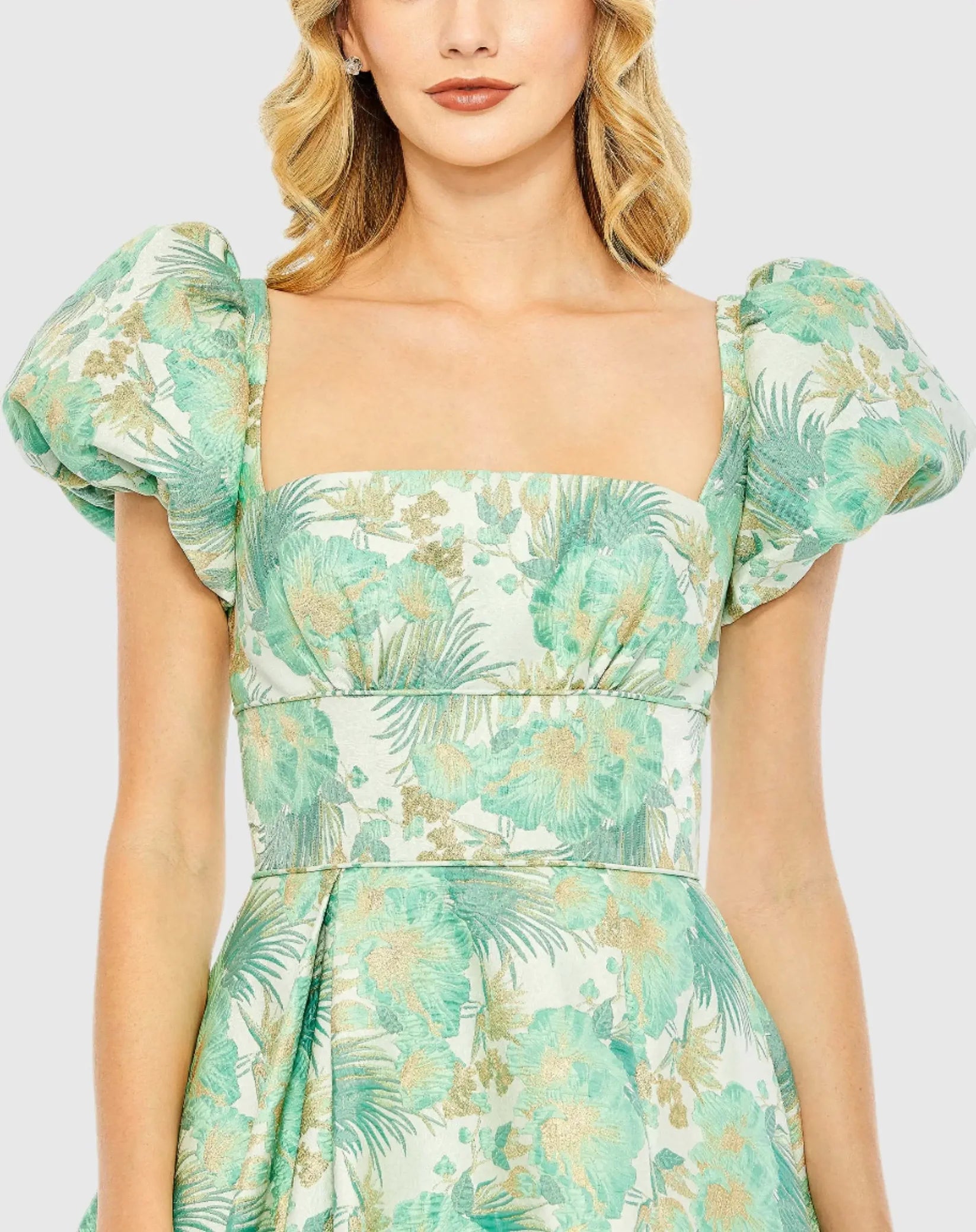 Green Floral Print Puff Sleeve High Low Brocade Gown - Mac Duggal US 8 Green Floral Print Puff Sleeve High Low Brocade Gown - Mac Duggal US 8