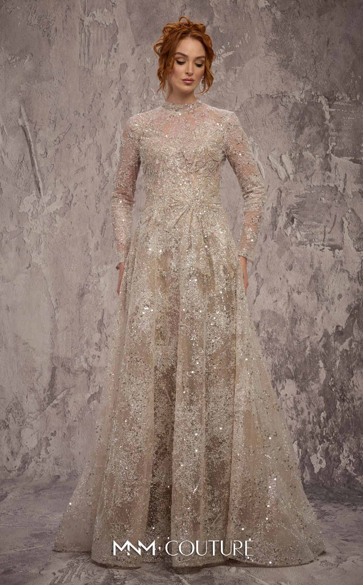 MNM Couture J02720: Sequined Jewel Neck A-Line Gown