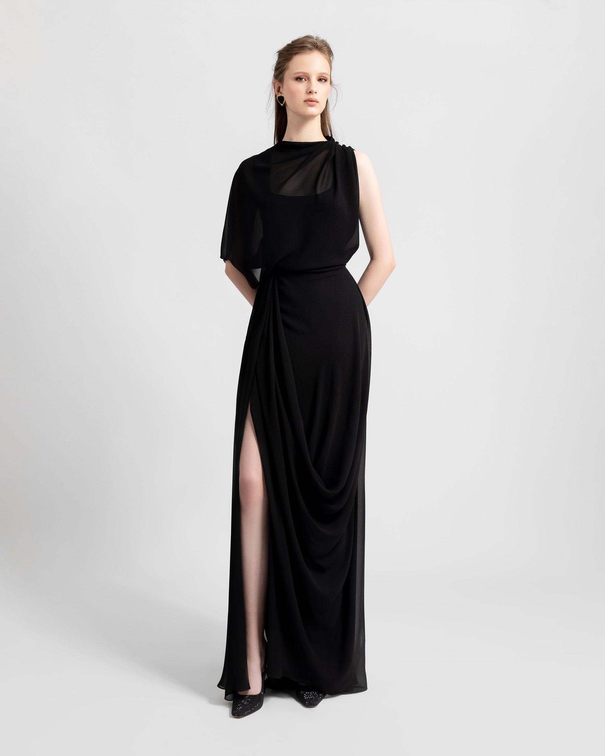 Gemy Maalouf Asymmetrical Draped Chiffon Dress Dark Green Gemy Maalouf Asymmetrical Draped Chiffon Dress Dark Green