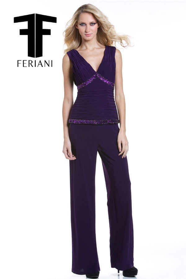 Feriani 18322 Plum One-Piece Suit Pant and Embellished Top