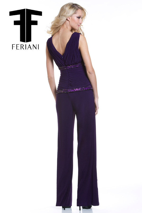 Feriani 18322 Plum One-Piece Suit Pant and Embellished Top