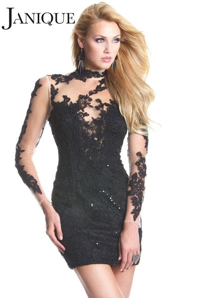 Janique 6054 Long-Sleeved Lace Little Black Dress